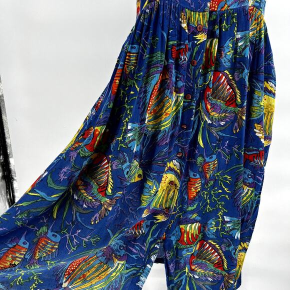 Vtg 70s Adini Tropical Fish Print Gauze Midi Button-Up Dress size Medium - Picture 8 of 13